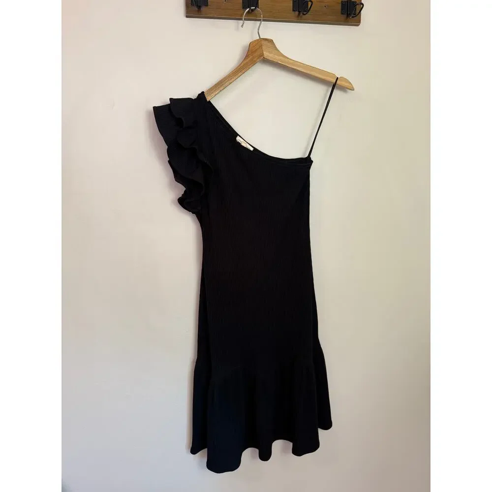 Rebecca Taylor One Shoulder Ribbed Black Jersey Dress Size XS